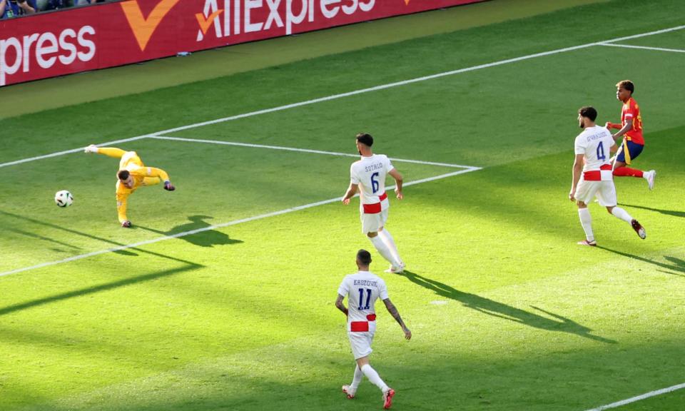 <span>Lamine Yamal has a fine strike on the counterattack brilliant saved by Croatia’s Dominik Livakovic.</span><span>Photograph: Abedin Taherkenareh/EPA</span>