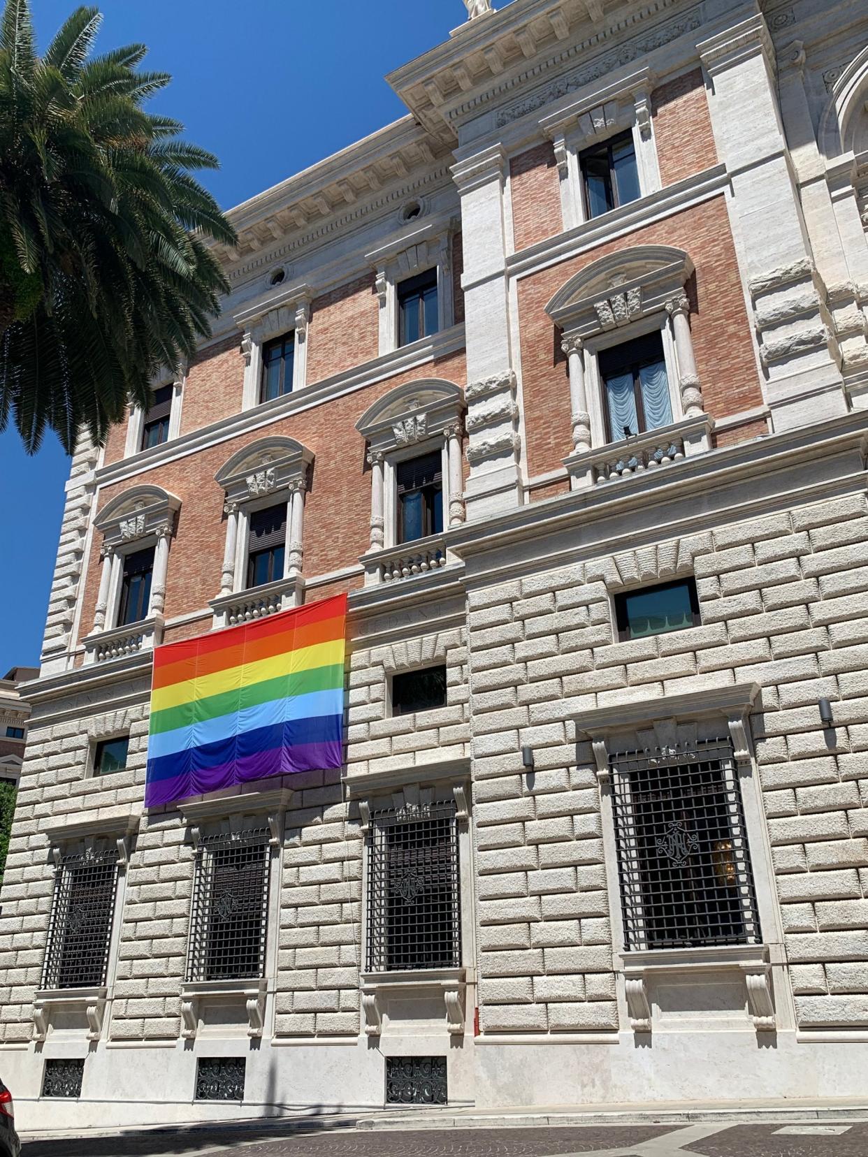 <p>The US embassy at the Vatican flies the Pride flag outside its building </p> (US Embassy at the Holy See/Twitter)