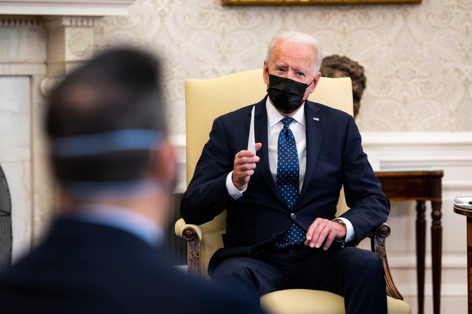 <p>US President Joe Biden speaks during a meeting with the leadership of the Congressional Hispanic Caucus in the Oval Office of the White House April 20, 2021 in Washington, DC</p> (Photo by Doug Mills-Pool/Getty Images)