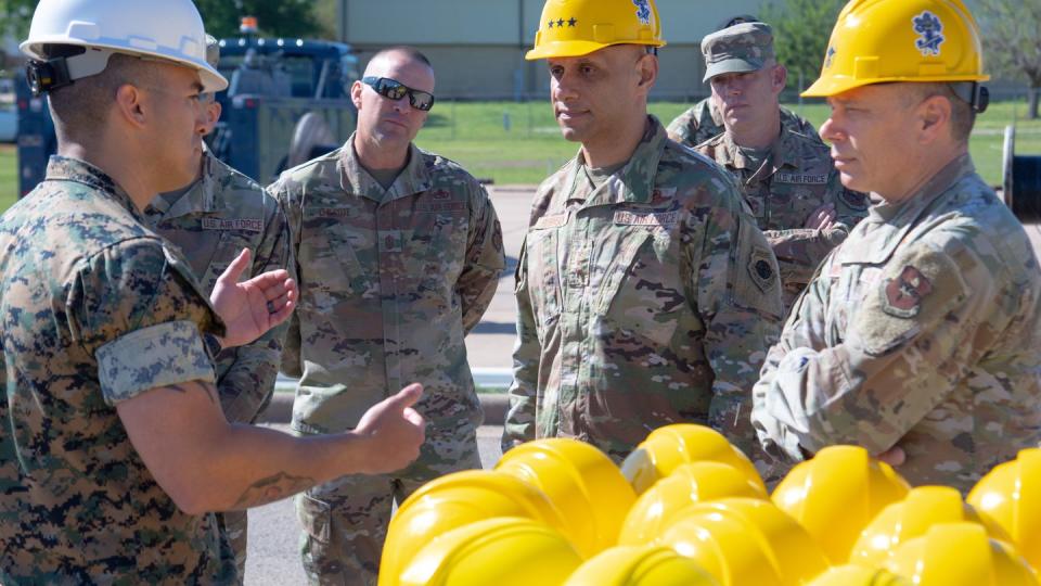 Lt. Gen. Brian Robinson, commander of Air Education and Training Command, and Chief Master Sgt. Erik Thompson, AETC command chief, visit the 364th Training Squadron. The two traveled to Sheppard Air Force Base, Texas, for a closer look at how members of the 82nd Training Wing are developing airmen. (2nd Lt. Matt Carey/Air Force)