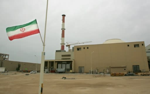 A 2007 file photo shows the national flag outside the Bushehr nuclear power plant's reactor in Iran