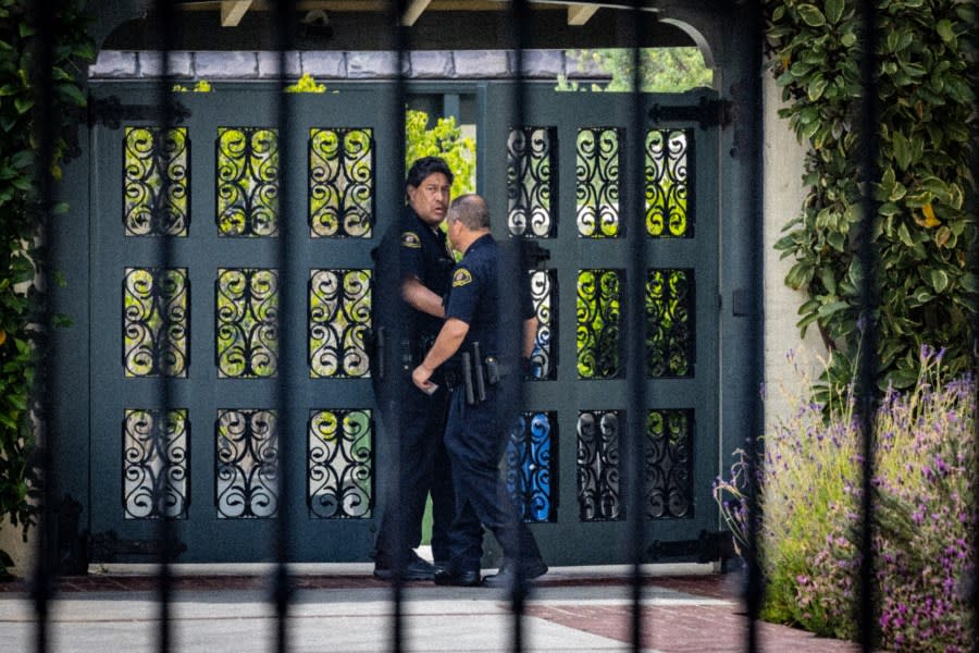 Los Angeles, CA – April 22: Police patrol Getty House, the official residence of the Mayor Karen Bass, where a man was taken into custody for allegedly smashing a glass door and breaking into her home on Monday, April 22, 2024 in Los Angeles, CA. (Jason Armond / Los Angeles Times via Getty Images)