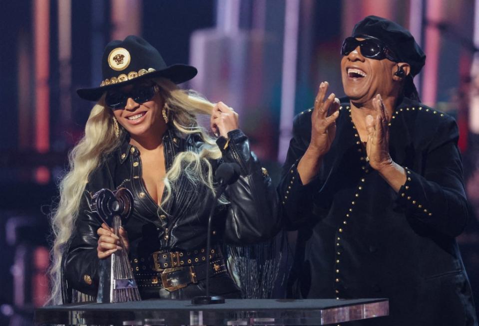 “Now Beyoncé is once again changing music and culture, climbing in the saddle as a bona fide country music sensation with her latest masterpiece, ‘Cowboy Carter,’” said Stevie Wonder of Bey at the iHeartRadio Music Awards on Monday. REUTERS