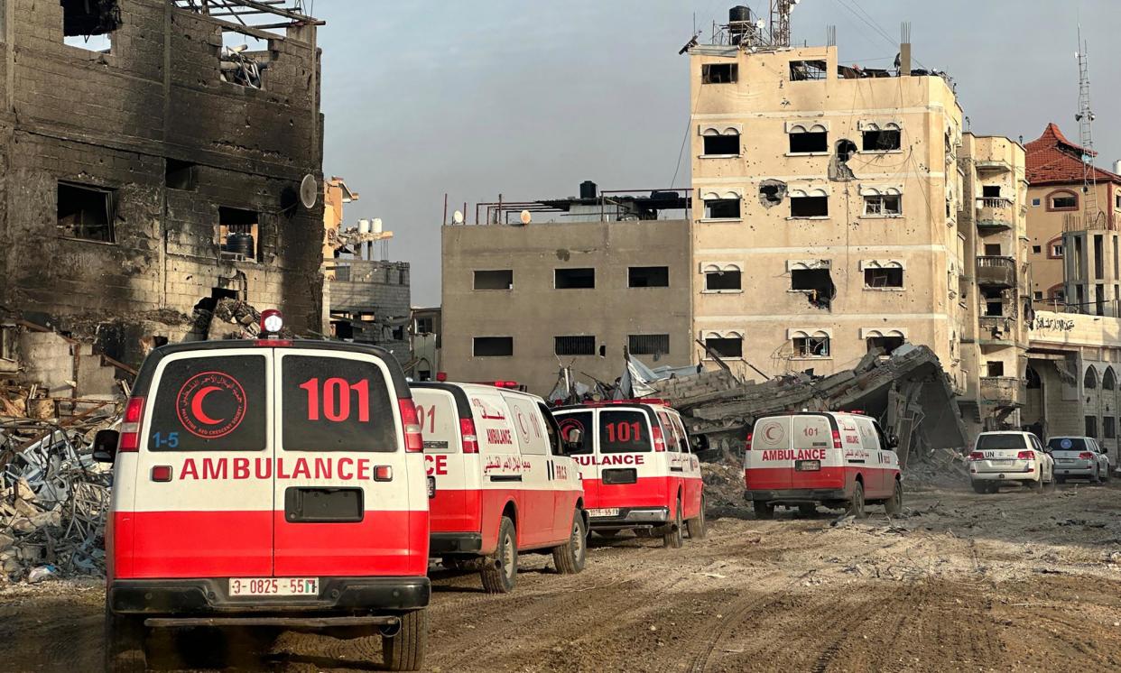 <span>Palestinian Red Crescent ambulances in Khan Younis last month.</span><span>Photograph: Christopher Black/World Health Organization/AFP/Getty Images</span>
