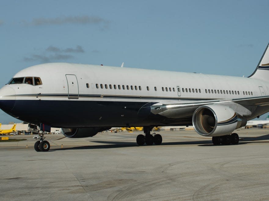 The old paint job of John Ruiz's Boeing 767 private jet.