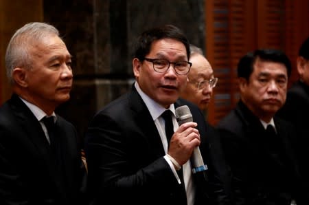 Uttama Savanayana, the Palang Pracharat Party leader, talks to reporters during a press conference in Bangkok