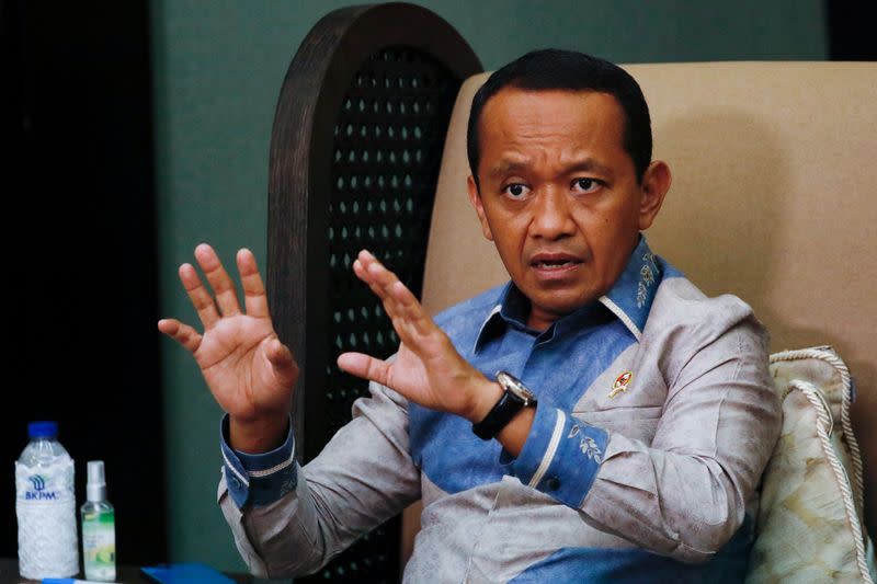 Indonesia's Investment Minister Bahlil Lahadalia gestures during an interview at his office in Jakarta