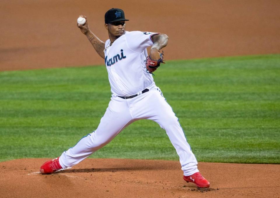 Miami Marlins right-handed pitcher Sixto Sanchez (73) throws a pitch during the first inning of the first game of a double header against the Philadelphia Phillies at Marlins Park in Miami, Florida on Sunday, September 13, 2020.