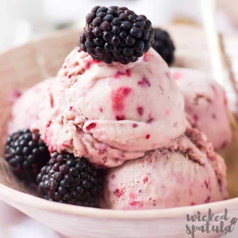 <p>This healthy homemade blackberry ice cream recipe is creamy and decadent—just what you want in ice cream. Just 5 ingredients, dairy-free and paleo, too!</p><p><strong>Get the recipe: <a href="https://www.wickedspatula.com/roasted-blackberry-ice-cream/" rel="nofollow noopener" target="_blank" data-ylk="slk:Roasted Blackberry Ice Cream;elm:context_link;itc:0;sec:content-canvas" class="link ">Roasted Blackberry Ice Cream</a></strong></p>