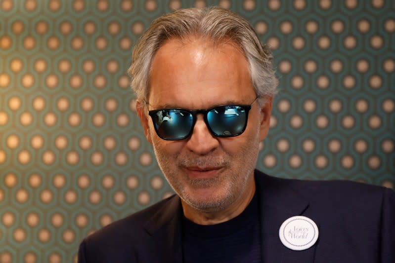 Italian opera singer Andrea Bocelli poses after a news conference about his work with UNESCO programme "Voices of the World" in Paris