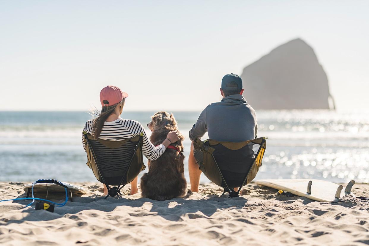 A young couple relaxing on the beach with their dog