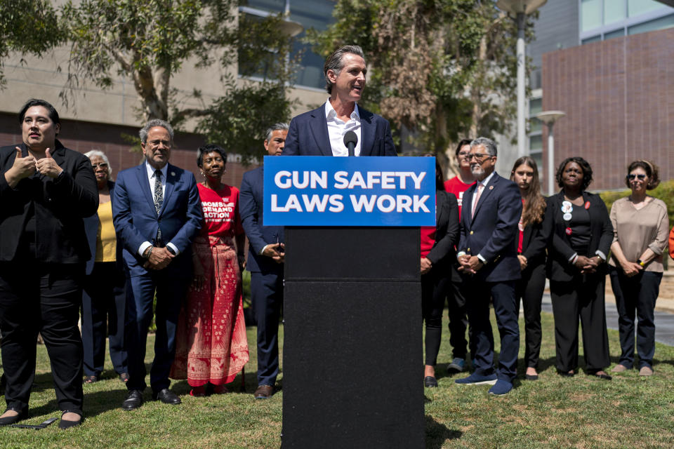 California Gov. Gavin Newsom speaks during a news conference held on the campus of Santa Monica College in Santa Monica, Calif., Friday, July 22, 2022.. Newsom signed a new gun control law Friday, a month after conservative justices overturned women's constitutional right to abortions and undermined gun control laws in states including California. (AP Photo/Jae C. Hong)