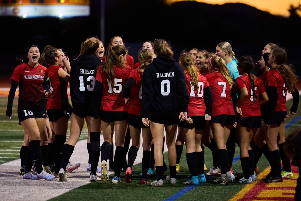 Jan 23, 2023; Scottsdale, AZ, USA; The Chaparral Firebirds huddle and get hyped before facing the Notre Dame Prep Saints at Chaparral High School on Monday, Jan. 23, 2023. Mandatory Credit: Alex Gould/The Republic