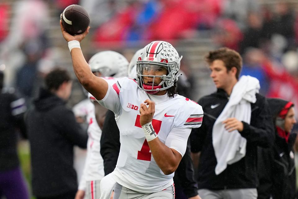 Nov. 5, 2022; Evanston, Illinois, USA; Ohio State Buckeyes quarterback C.J. Stroud (7) warms up prior to the NCAA football game against the <a class="link " href="https://sports.yahoo.com/ncaaw/teams/northwestern/" data-i13n="sec:content-canvas;subsec:anchor_text;elm:context_link" data-ylk="slk:Northwestern Wildcats;sec:content-canvas;subsec:anchor_text;elm:context_link;itc:0">Northwestern Wildcats</a>. Adam Cairns-The Columbus Dispatch