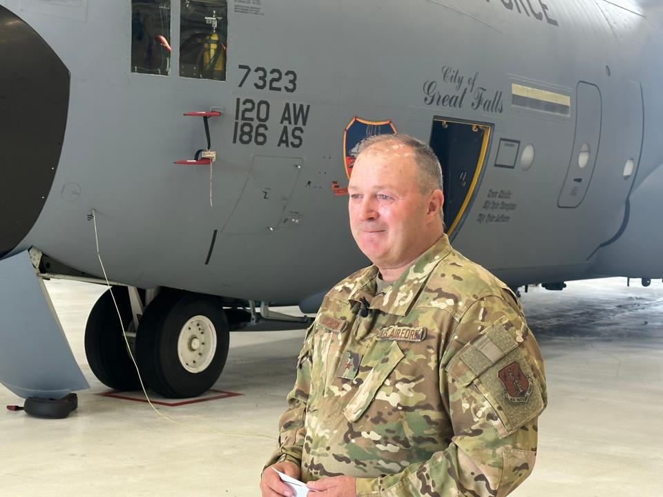 Adjutant General Buel Dickson, commander of the Montana Air National Guard, explains the importance of the new C-130J Super Hercules cargo aircraft that will be coming to Great Falls.