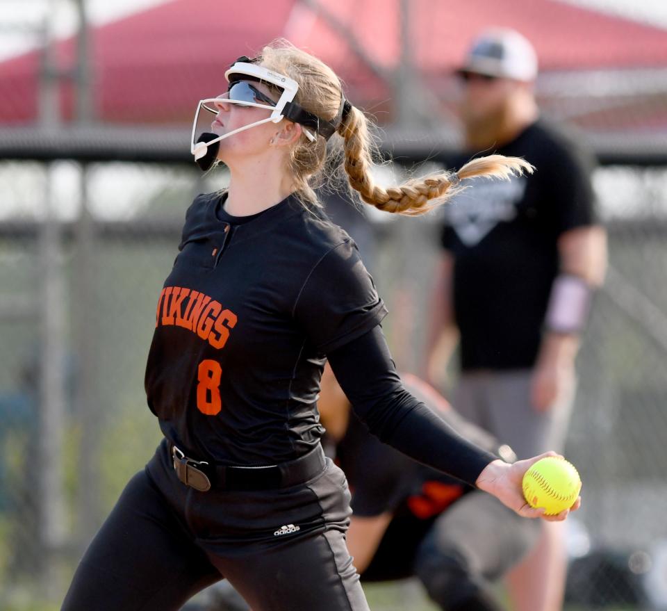 Hoover's Summer McCaw delivers a pitch in the fourth inning against Jackson in Division I District Final at Eagles 190 Sports Complex in Massillon. Wednesday,  May 17, 2023.