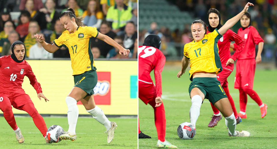 Seen here, Amy Sayer in action for the Matildas in an Olympic Games qualifying match against Iran. 