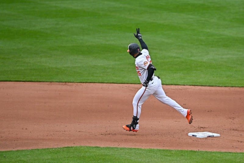 Baltimore Orioles outfielder Anthony Santander rounds second base as he celebrates a two-run home run against the Los Angeles Angels on Thursday at Oriole Park at Camden Yards in Baltimore. Photo by David Tulis/UPI