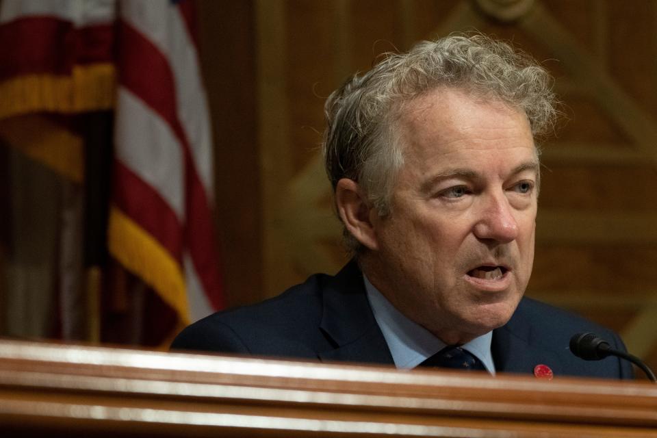 A staffer of Sen. Rand Paul, R-Ky., was stabbed Saturday afternoon in Washington, D.C. This file photo shows Paul in a Senate Homeland Security and Governmental Affairs Committee meeting on Capitol Hill in Washington, Tuesday, Feb. 28, 2023.