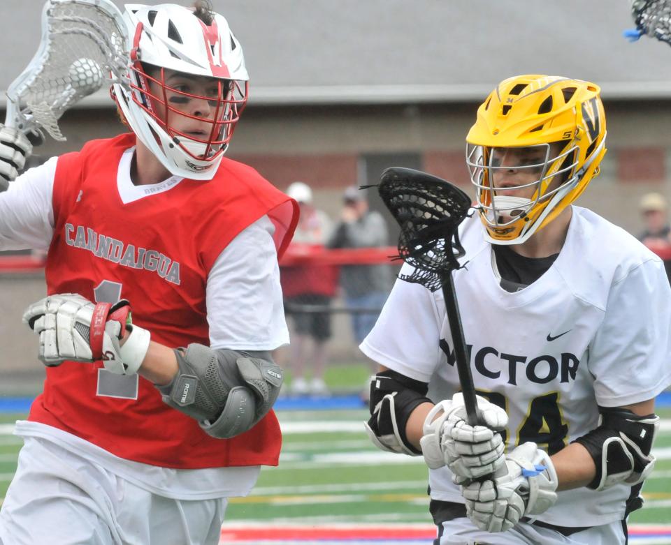 Canandaigua's Matt Bellis, left, drives against the defense of Victor's Thomas Gravino during Saturday's Class B semifinal.