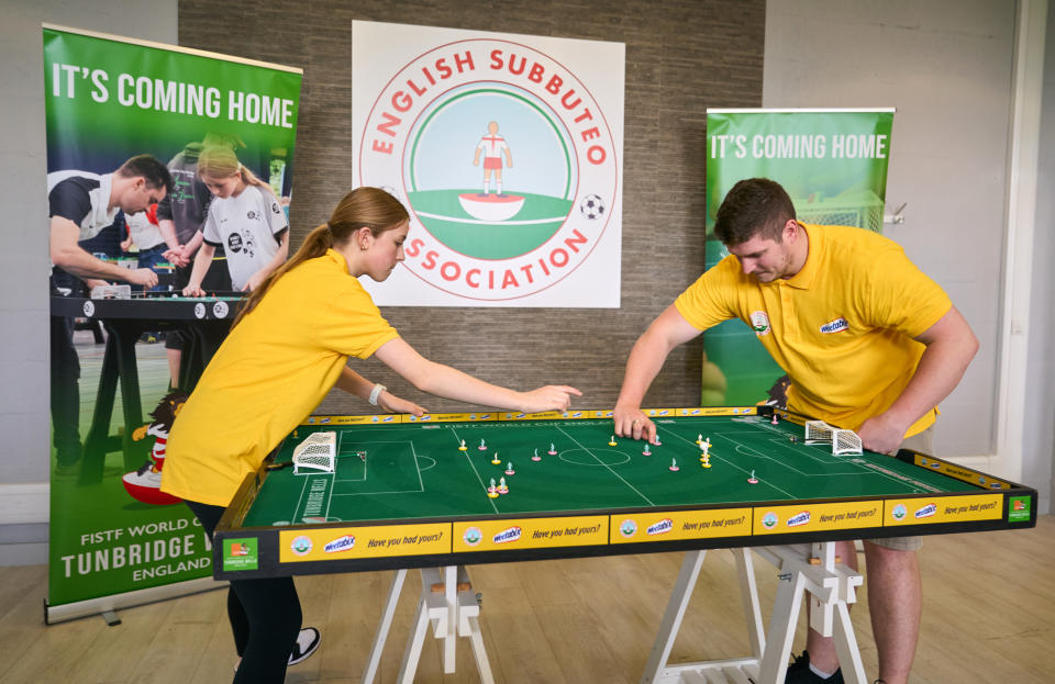 Ruby practises with fellow Subbuteo player Elliott Bellefontaine (Simon Jacobs/PA)