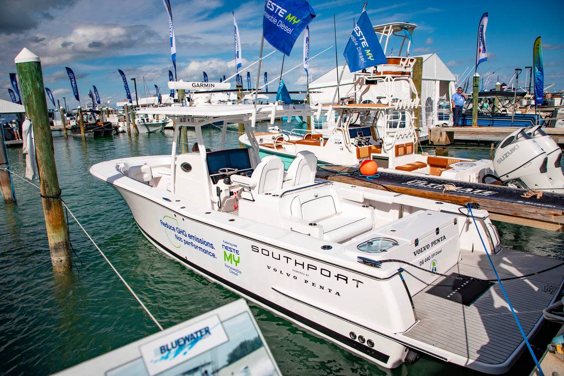 This Volvo Penta fueled by renewable diesel is available for test rides at Herald Plaza for the Miami International Boat Show. Ashley Miznazi/amiznazi@miamiherald.com