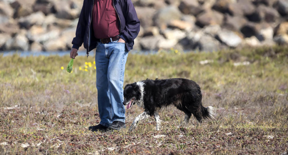 A man walks with his dog