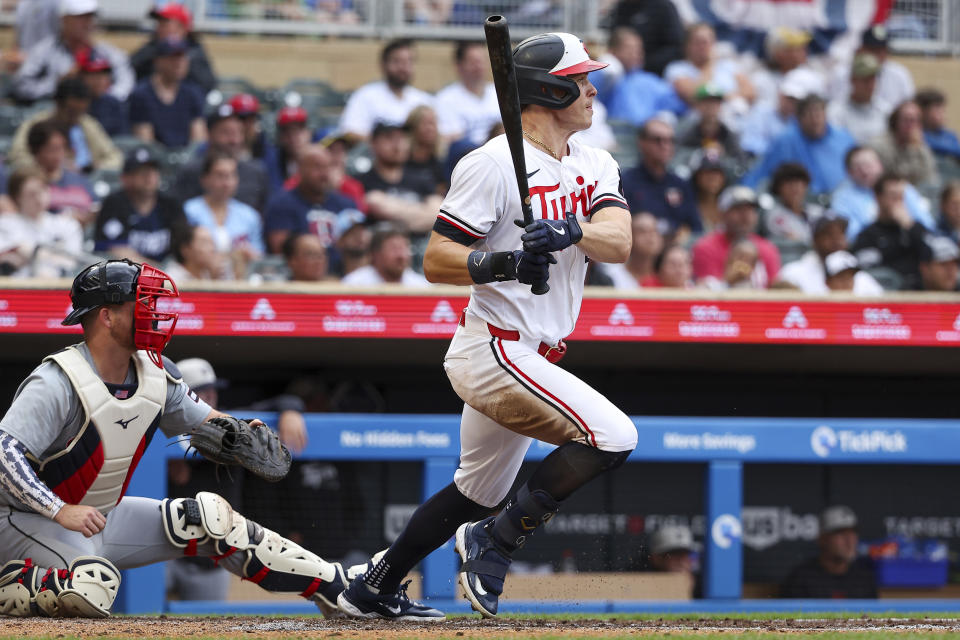 Minnesota Twins' Max Kepler hits a two RBI single against the Detroit Tigers during the second inning of a baseball game, Thursday, July 4, 2024, in Minneapolis. (AP Photo/Matt Krohn)