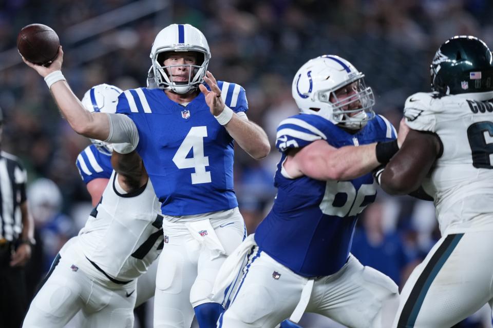 Indianapolis Colts quarterback Sam Ehlinger (4) looks to pass during the second half of an NFL preseason football game against the Philadelphia Eagles on Thursday, Aug. 24, 2023, in Philadelphia. (AP Photo/Matt Slocum)