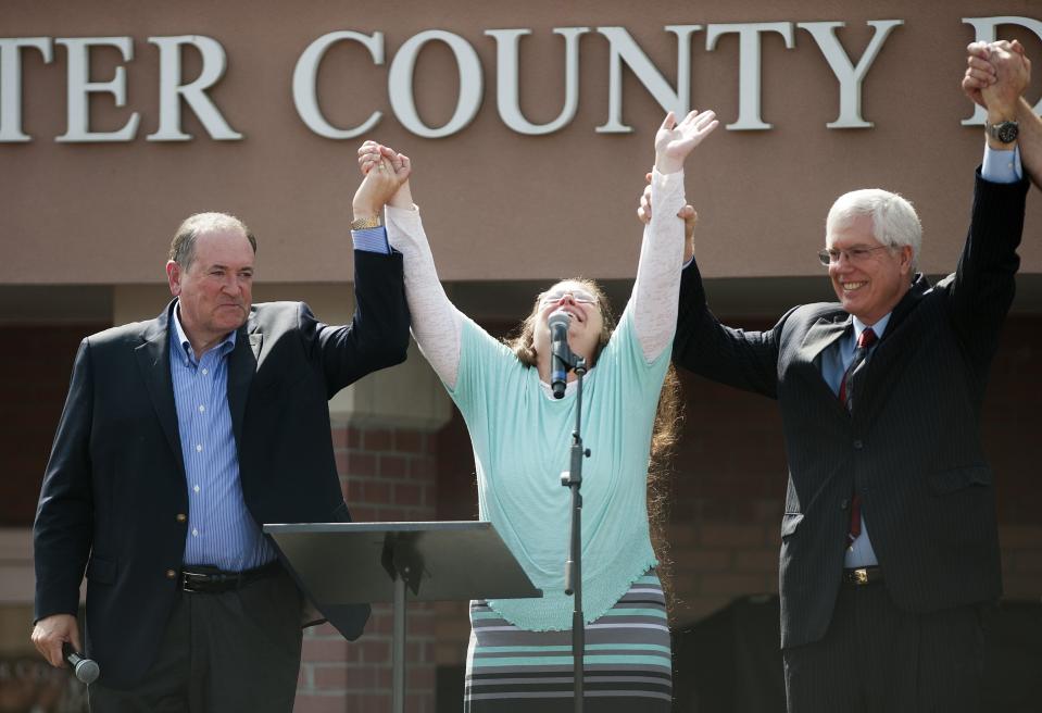 Kim Davis was joined by her attorney and former Arkansas Gov. Mike Huckabee after her release from jail in 2015.