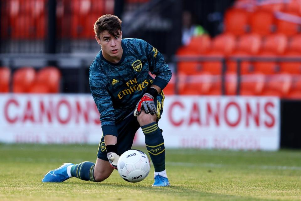 BARNET, ENGLAND - JULY 24: James Hillson of Arsenal in action during the Pre-Season Friendly match between Barnet and Arsenal at The Hive on July 24, 2019 in Barnet, England. (Photo by Jack Thomas/Getty Images)