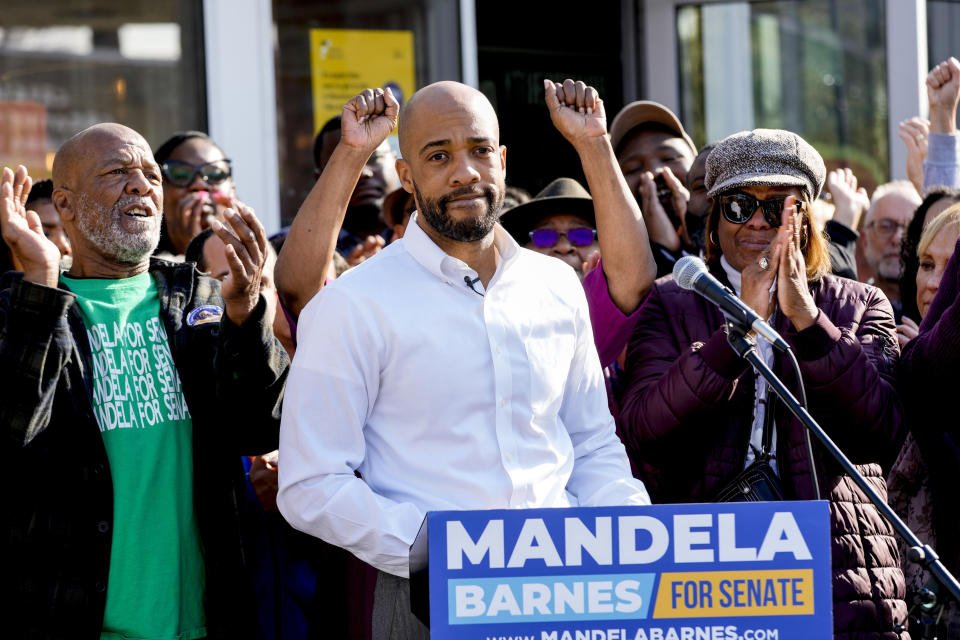 FILE - Wisconsin Democratic U.S. Senate candidate Mandela Barnes concedes to Republican U.S. Sen. Ron Johnson at a news conference Wednesday, Nov. 9, 2022, in Milwaukee. Black and Hispanic voters in Wisconsin's largest city say a Republican election commissioner publicly applauding GOP strategies that he credits with depressing minority turnout are a public admission of a conservative strategy in place for years. (AP Photo/Morry Gash, File)