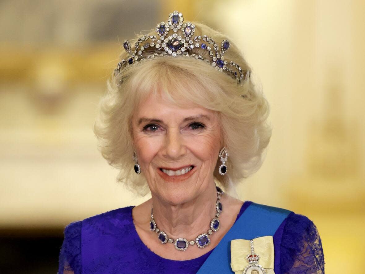 Camilla, the Queen Consort, is seen attending a state banquet in honour of South African President Cyril Ramaphosa at Buckingham Palace in London on Nov. 22, 2022. (Chris Jackson/Getty Images - image credit)