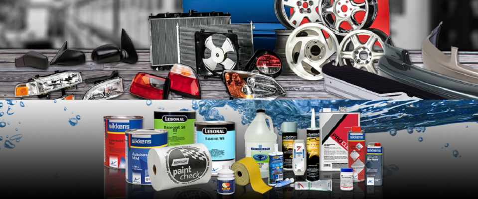 Assortment of car parts and products, including hubcaps and rims, lights, and coatings.