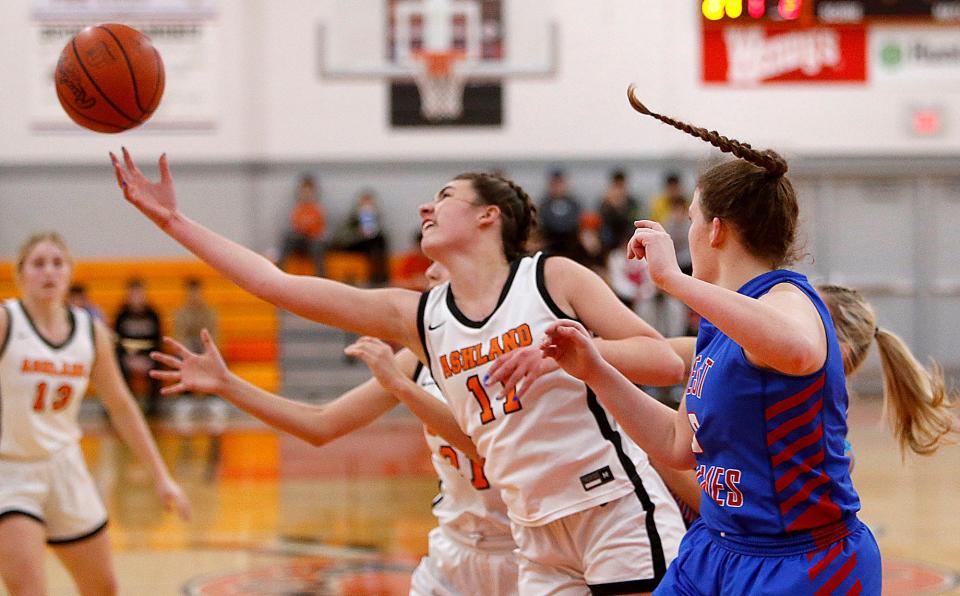 Ashland High School's Camryn Cox (11) tries to pull in a rebound against West Holmes High School during high school girls basketball action at Arrow Arena Thursday, Jan. 26, 2023. TOM E. PUSKAR/ASHLAND TIMES-GAZETTE