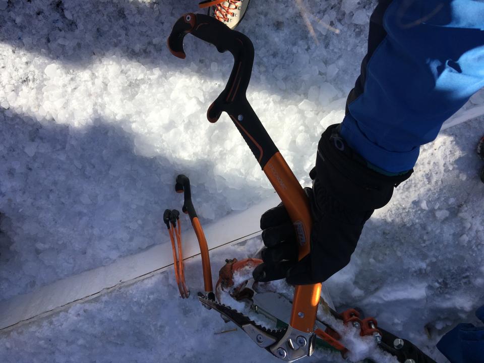 One of the two ice climbing picks I used. Made by French company Petzl, it had a soft, rubber handgrip at the base and a saw-like blade at the top.