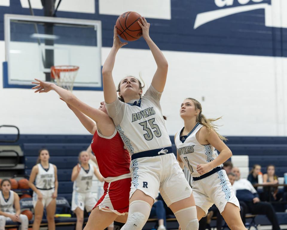 Rootstown’s Nadia Lough pulls down a rebound during a basketball game against the Crestwood Red Devils Tuesday, Nov. 28 in Rootstown.