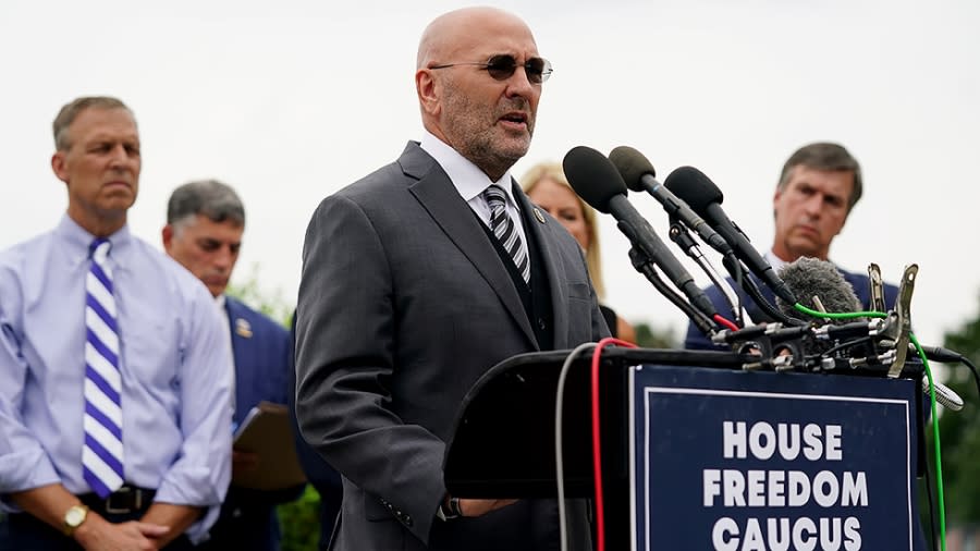 Rep. Clay Higgins (R-La.) addresses reporters during a press conference on Tuesday, August 31, 2021 calling on the resignation of President Biden and other administration officials after the withdrawal of Afghanistan.