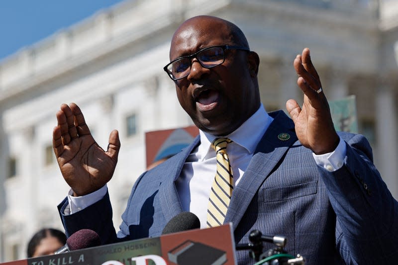 WASHINGTON, DC - SEPTEMBER 27: Rep. Jamaal Bowman (D-NY) joins fellow House Democrats for a news conference to announce a bicameral resolution recognizing Banned Books Week outside the U.S. Capitol on September 27, 2023 in Washington, DC. Banned Book Week runs October 1-7. 