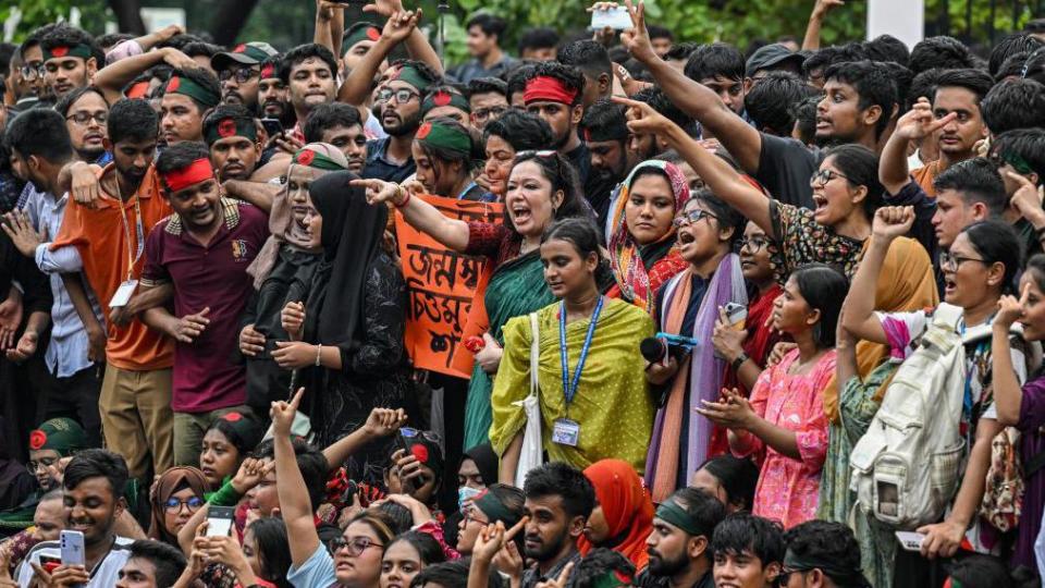 Bangladeshi students and activists are shouting slogans during the Anti-Discrimination Student Movement rally at Central Shaheed Minar in Dhaka, Bangladesh, on August 3, 2024,