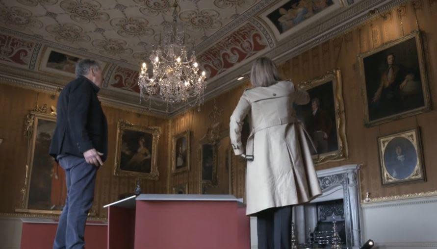 The Earl of Harewood, a British aristocrat who is King Charles III's second cousin, shows CBS News correspondent Holly Williams around his ancestral home, Harewood House, near the northern English city of Leeds. / Credit: CBS News