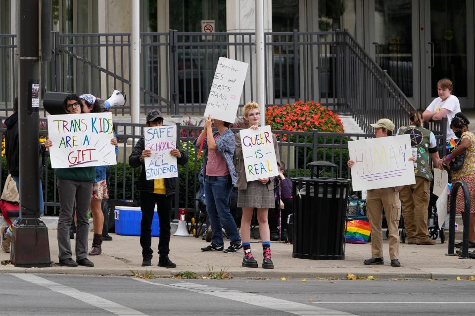 Oct 12, 2022; Columbus, Ohio, USA; LGBTQ+ allies protest outside the Ohio Department of Education building as the board hears public testimony on a resolution that opposes proposed changes to Title IX, the federal law that prohibited discrimination in schools on the basis of sex. Introduced by board member Brendan Shea, the resolution lays out an "unequivocal opposition" to the Biden Administration's proposal to expand Title IX's protections to gender identity and sexual orientation.