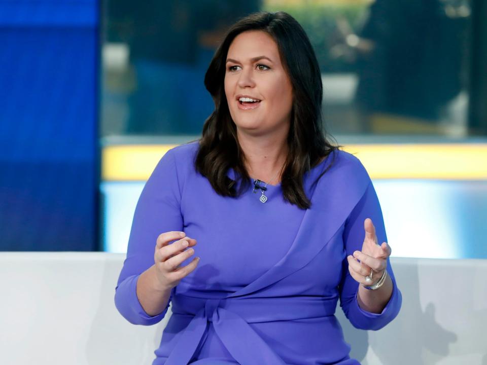 Fox News contributor Sarah Sanders makes her first appearance on the "Fox & Friends" television program on Sept. 6, 2019, in New York