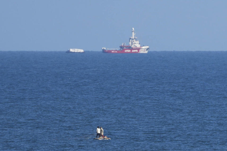 The ship set sail Tuesday from Cyprus to inaugurate a sea route to get desperately needed aid into the war-wracked enclave, which is suffering a humanitarian crisis five months into the Israel-Hamas war. (Abdel Kareem Hana / AP)