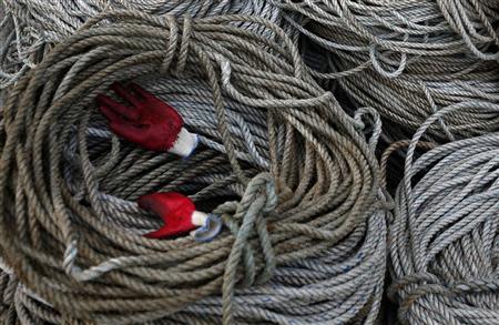 A pair of gloves is placed on ropes used for fishing at a small port near Nongso village in Geoje, about 470 km (292 miles) southeast of Seoul October 29, 2013. REUTERS/Kim Hong-Ji