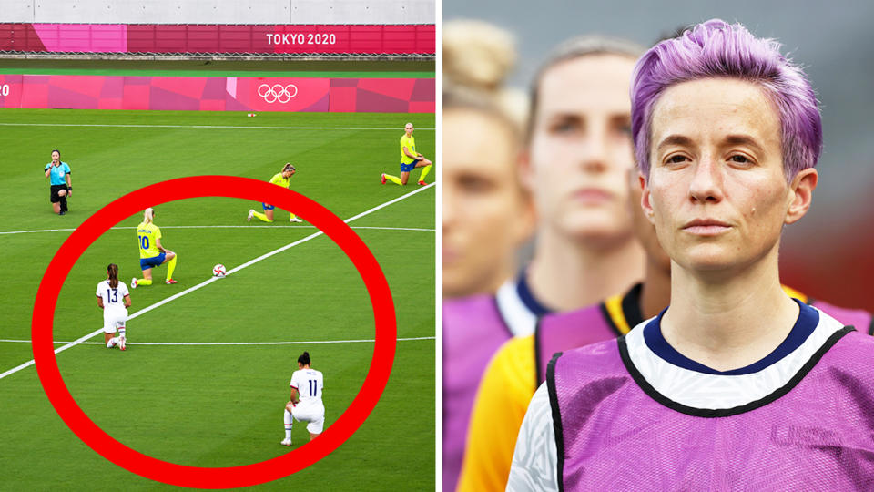 The US Football Team and Sweden (pictured left) taking a knee ahead of the whistle at the Olympic Games and (pictured right) Megan Rapinoe standing during the anthem.