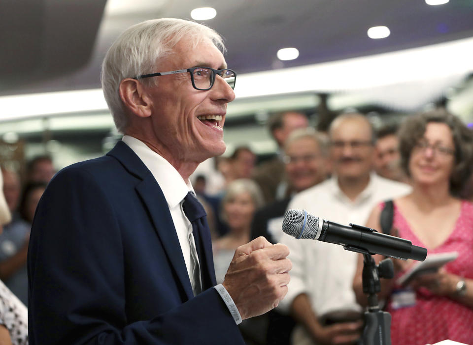 FILE - In this Aug. 14, 2018, file photo, Tony Evers speaks after winning Wisconsin's Democratic gubernatorial primary election during an event in Madison, Wis. Evers emerged from a field of eight candidates to take on Republican Gov. Scott Walker in the November election. (Amber Arnold/Wisconsin State Journal via AP, File)