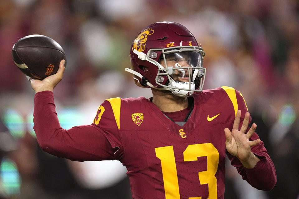 Southern California quarterback Caleb Williams passes during the first half of an NCAA college football game against Utah Saturday, Oct. 21, 2023, in Los Angeles. / Credit: Mark J. Terrill / AP