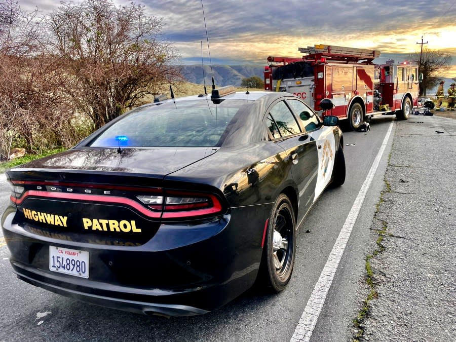Emergency crews are seen at a double fatal crash on Highway 152 Jan. 12, 2024. (Image via CHP)