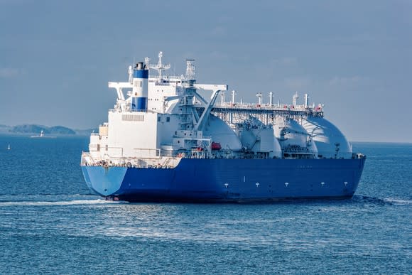 A blue LNG tanker at sea